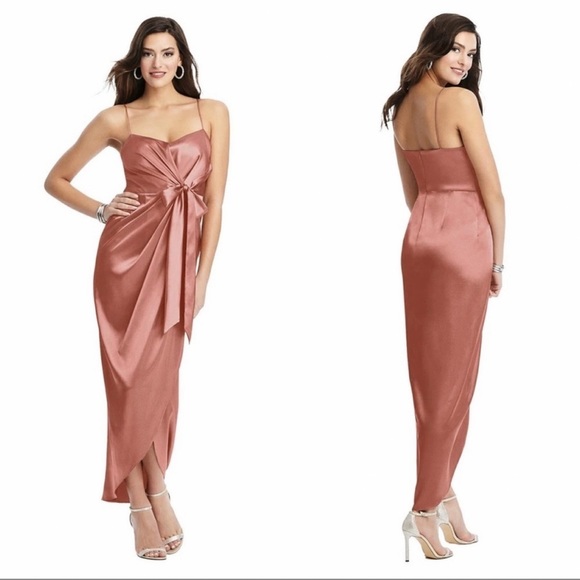 NWT After Six Bow Front Faux Wrap Tulip Skirt Satin Gown in Desert Rose Size 12 - Picture 1 of 16